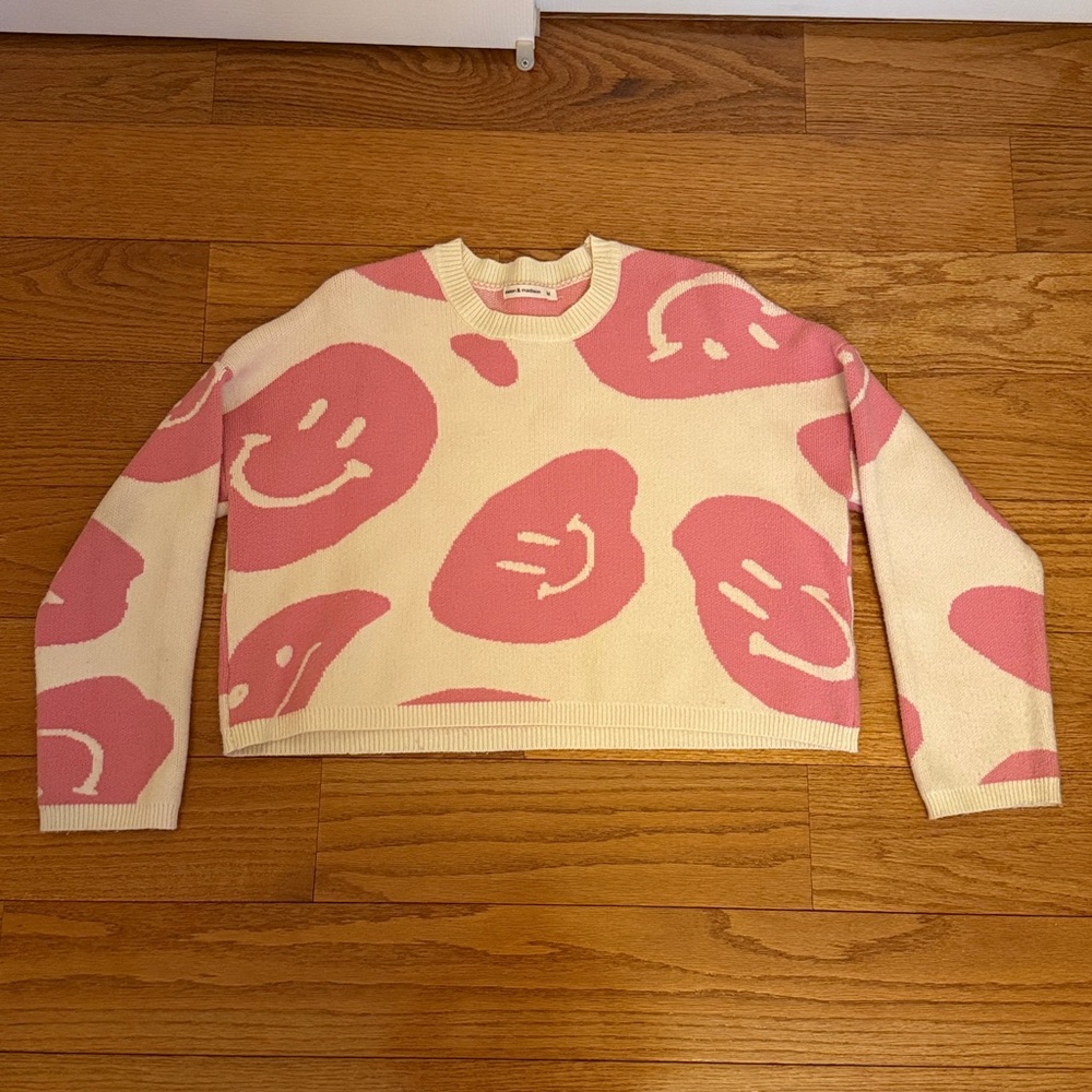 moon & madison Pink and Cream Smiley Crewneck Sweater
